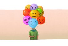 Illustration of child holding emoji ballons