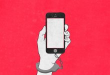 Illustration of hand handcuffed to smartphone